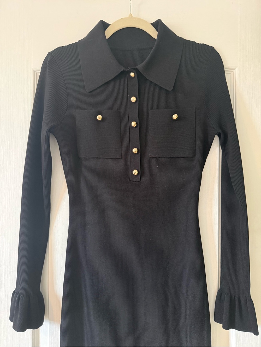 COMMENSE Black Ribbed Knit Midi Dress Gold Buttons Size S